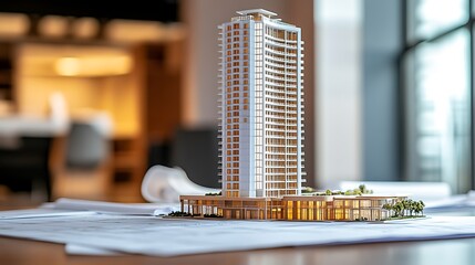 13. High-rise condo model standing tall on a table with drafting blueprints in the background