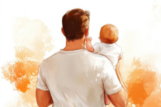 happy father with infant baby on hands back view, illustration with dad and his small son for father's day with space for greeting text