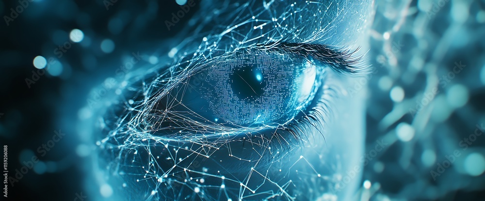 Poster a close-up of a futuristic eye with digital and neural network elements.
