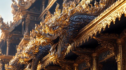 Obraz premium Celestial Beings Carved on a Golden Thai Temple Exterior