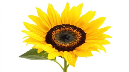 Close-up view of a vibrant yellow sunflower with its bold petals and dark center, isolated white background, minimalist art style