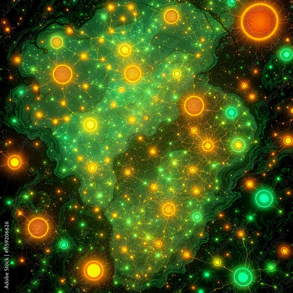 Poster intricate data visualization with green yellow nodes