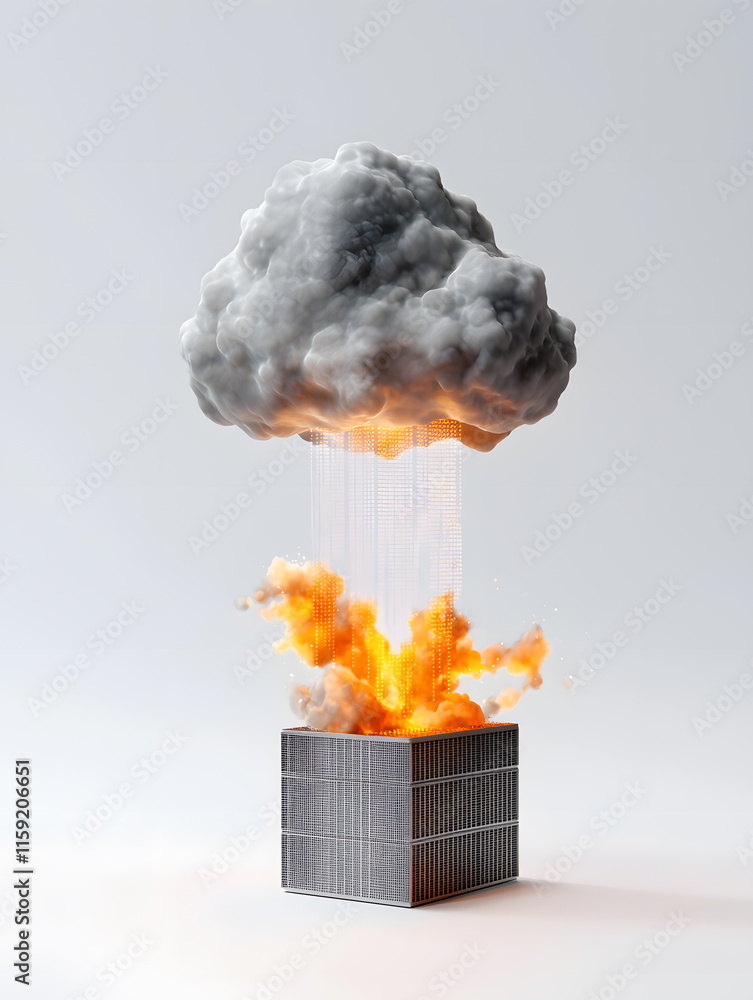 Poster a surreal scene featuring a cloud emitting flames above a textured cube, creating a striking visual 