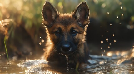 German shepherd puppy explores shallow water under golden sunlight