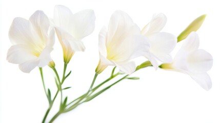 Obraz premium Close-up view of delicate freesia flowers with their fragrant white petals and slender stems, isolated white background, whimsical botanical pattern style