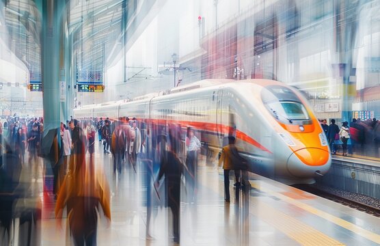 modern railway station with high-speed train