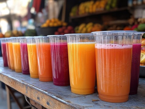 Fresh fruit juices in plastic cups at a market stall. - Powered by Adobe