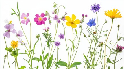 Close-up view of delicate wildflowers with their colorful blooms and slender stems, isolated white background, whimsical botanical pattern style