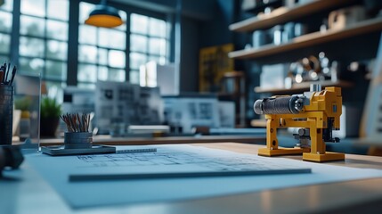 Obraz premium 14. Factory model placed next to engineering drawings and a scale ruler on a modern workspace