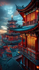Panoramic View of a Chinese Palace Complex at Twilight