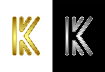 Initial alphabet K in gold and silver color. Graphic alphabet symbol for corporate business identity