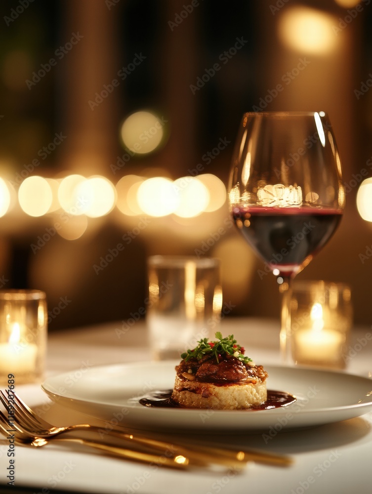 Aufkleber Luxurious dining experience featuring a gourmet dish and fine wine in an elegant setting with soft candlelight. Generative AI