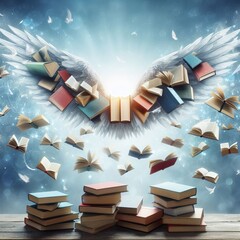 Books with Wings Taking Flight Books sprouting wings and taking