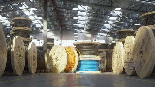 Fiber optic internet cable spools and coils in a warehouse of cable factory, 3d animation