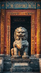 Majestic Temple Steps with Golden Lion Statues