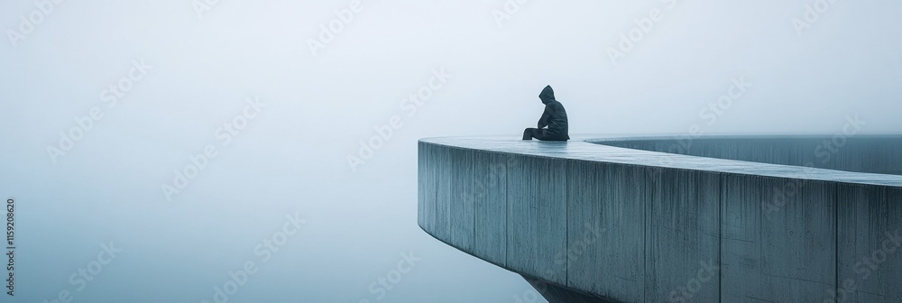 Poster lone figure sits quietly on the edge of a foggy bridge contemplating lifes solitude and tranquility 
