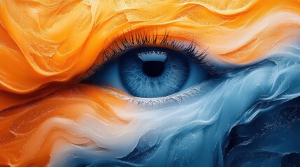 Intricate eye blending blue and orange hues, showcasing artful detail in a creative design