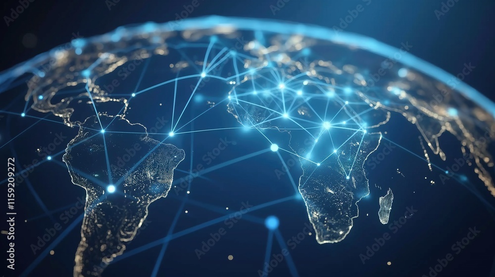 Poster holographic world map showcasing global networking connections and digital connectivity