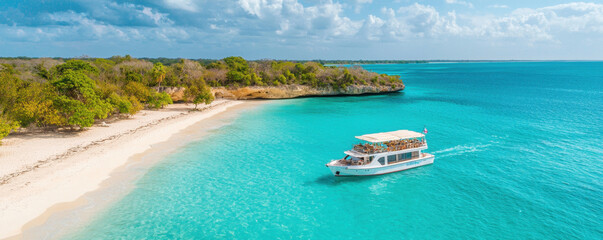 luxury yacht sailing in secluded bay with clear turquoise waters, surrounded by lush greenery and sandy beaches, creating serene and picturesque escape