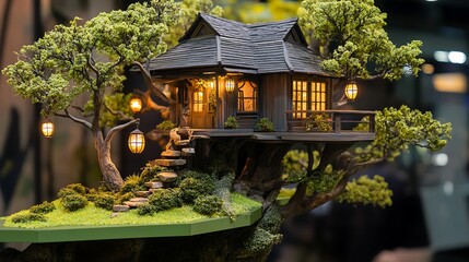 17. Tree house model with hanging lanterns and decorative plants sitting on a green display board