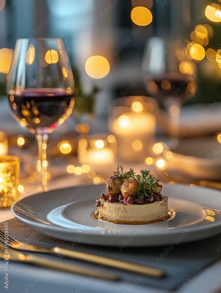 Poster luxurious dining experience with gourmet dish and elegant decor in a softly lit setting. generative 
