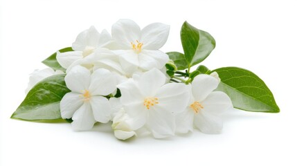 Obraz premium Detailed shot of a cluster of white jasmine flowers with green leaves, isolated white background, minimalist composition