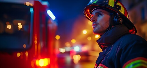 A firefighter stands vigilant near a fire truck at night, illuminated by city lights.