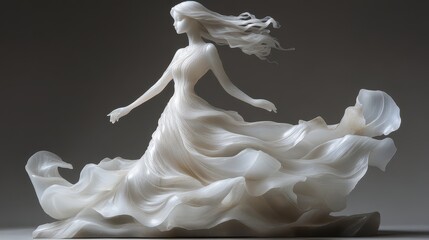 Marble sculpture of a slender woman in flowing dress with flowing hair