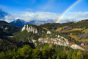 Semmering railway in early December landscape, Austria, Europe. The landscape on former 20 schilling note bill.