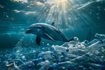 Fototapeta premium Dolphin swimming amid ocean plastic waste