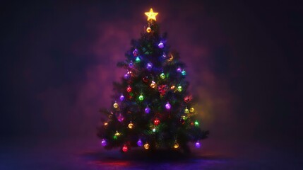 Illuminated Christmas tree with colorful ornaments and star on top, set against a dark, smoky background.