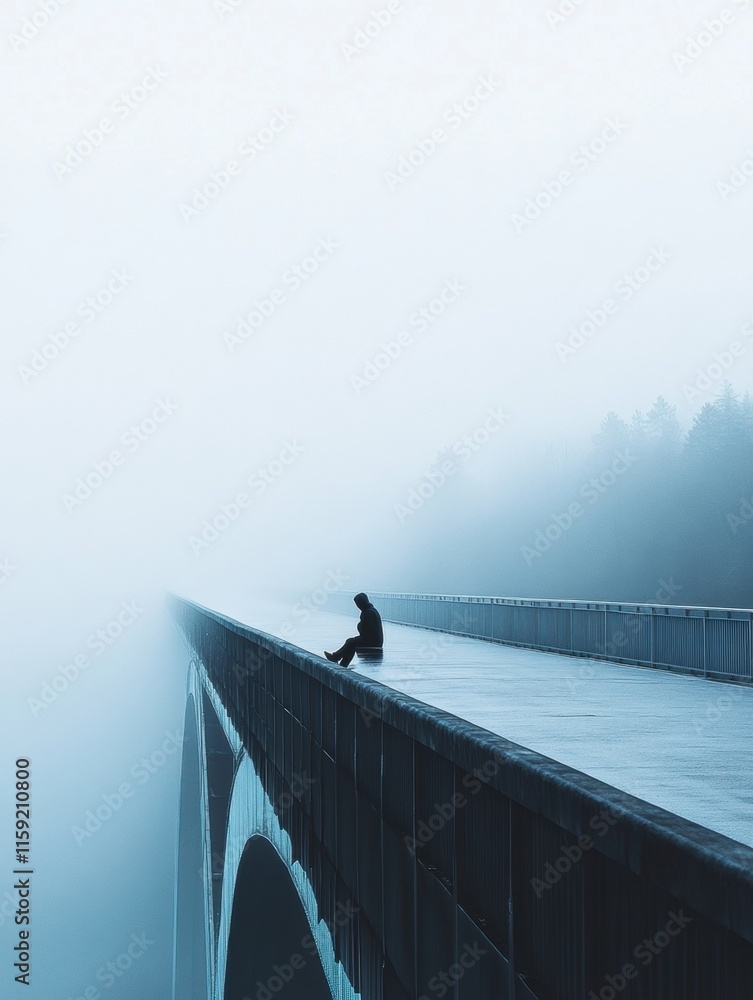 Poster lonely figure sits on the edge of a foggy bridge reflecting on solitude in a serene, misty environme