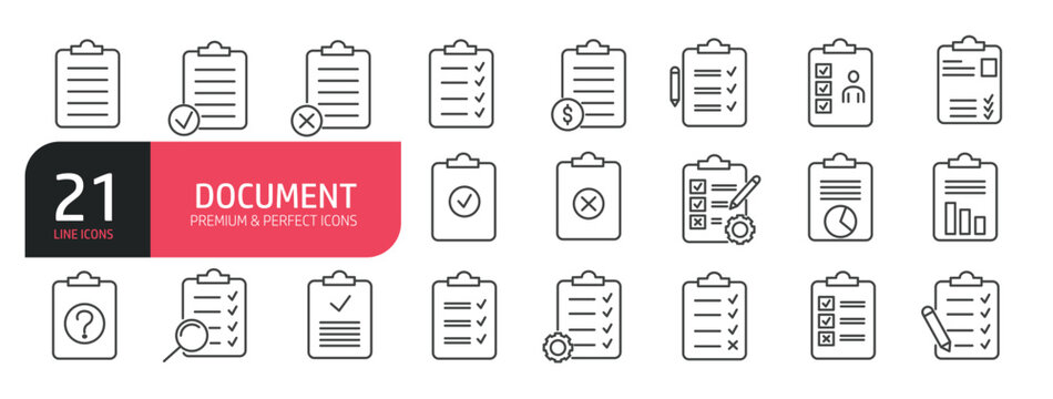 Set of line icons related to document, file, archive, paper. Outline icons collection. Editable stroke. Vector illustration.