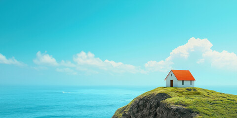 secluded cliffside retreat with panoramic ocean views, surrounded by lush greenery and clear blue sky, offers serene escape from hustle and bustle of daily life