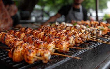 Grilled seafood skewers on a hot grill, close-up view.