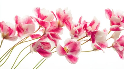Obraz premium Detailed view of delicate cyclamen flowers with their vibrant pink and white blooms, isolated white background, contemporary botanical photography style