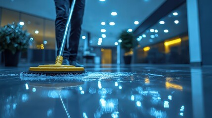 Professional cleaner scrubbing a floor in a modern office building at night