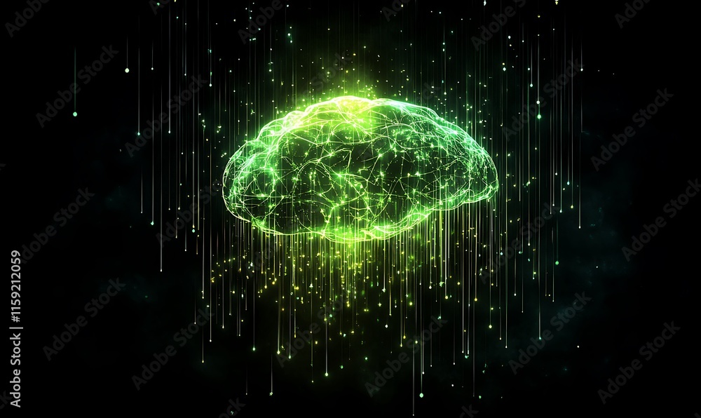 Poster a glowing digital brain with vibrant connections and data streams.
