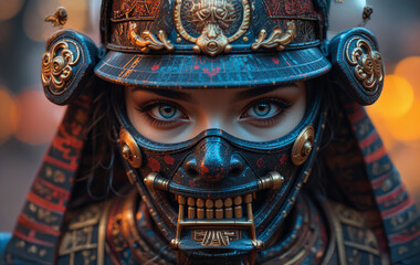 Obraz premium woman, samurai, war mask, girl, fashion, beauty, lady, model, hair, costume, mask, makeup, style, person, red, carnival, face, fantasy, people, glamour, eyes, retro, black, gothic