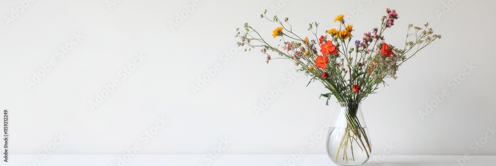 Poster minimalist still life featuring wildflowers in a clear vase with ample copy space for design purpose
