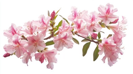 Exquisite details of a blooming azalea bush with clusters of pink flowers, isolated white background, traditional botanical watercolor style
