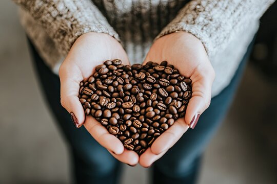 Hands cupping a heart shape of roasted coffee beans