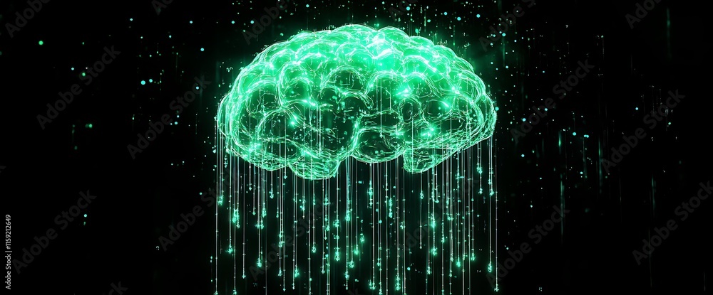 Poster a glowing green brain with cascading digital data streams.