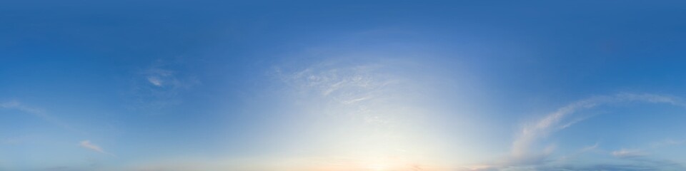 Sky 360 panorama - Bright blue sky filled with fluffy white Cirrus clouds. Seamless hdr spherical 360 panorama. Sky dome sky replacement for aerial drone 360 panoramas. Weather and climate change