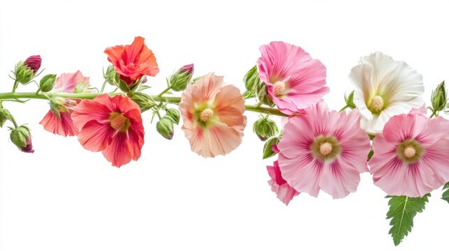 Exquisite details of a blooming hollyhock with its tall stalk and colorful flowers, isolated white background, botanical realism style