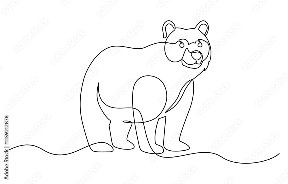 Poster continuous line drawing of a bear, bear is taking a leisurely stroll in a continuous line drawing.
