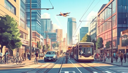 Modern urban street with eco-friendly vehicles and vibrant activity. Public transport variations. AI generated image