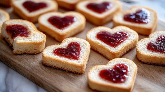 Cute heart-shaped toasts with jam bring a playful and delicious twist to breakfast, perfect for expressing love.