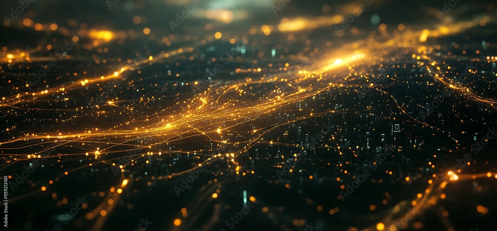 Poster a glowing network of interconnected data points over a cityscape at night.