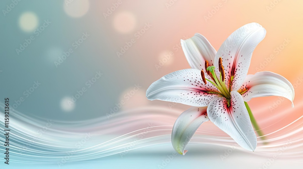 Poster Lily floral abstract background idea. Elegant lily flower on a soft gradient background with flowing lines and bokeh effect.